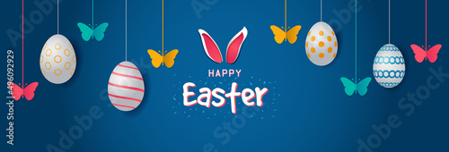 Happy Easter Bright Ornate Colorful Horizontal Banner Design. Butterflies, bunny ears and colorful detail pattern design eggs vector illustration. Spring Festival Holiday theme website header graphic