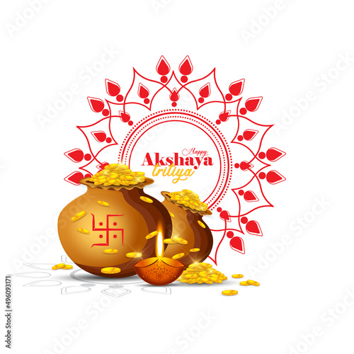 Vector illustration of Akshaya Tritiya celebration with a golden kalash, gold coins on decorated background.