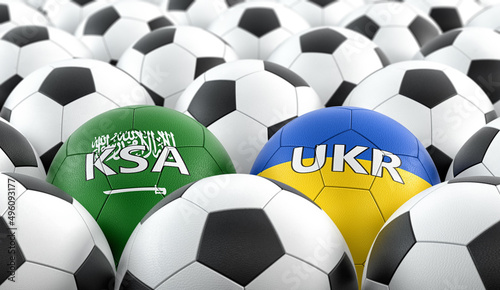 Ukraine vs. Saudi Arabia Soccer match - Soccer balls in Ukraine and Saudi Arabia national colors. 3D Rendering 