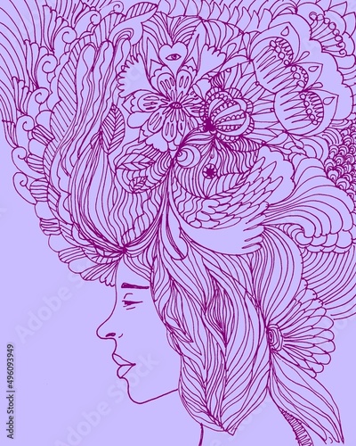 Disegno grafico bella donna con i fiori tra i capelli. Flora, primavera. Pensieri positivi. Concentrazione. Rilassamento.  photo