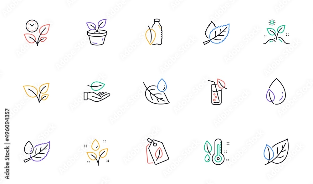 Plants line icons. Leaf, Growing plant and Humidity thermometer. Water drop linear icon set. Bicolor outline web elements. Vector