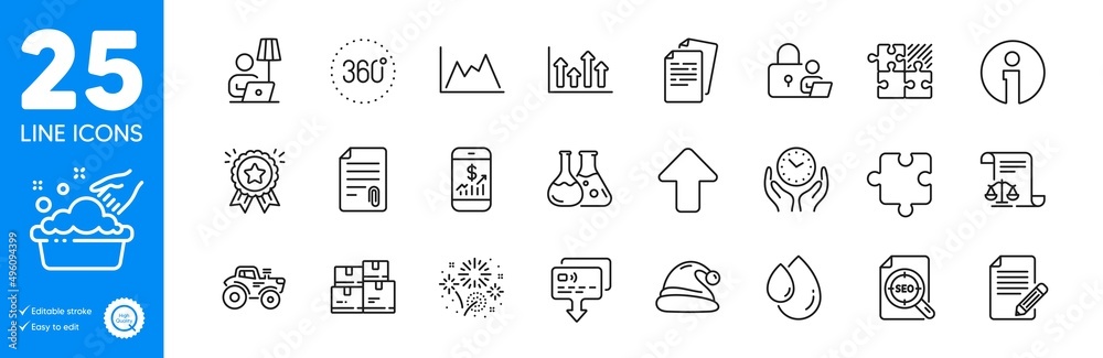 Outline icons set. Hand washing, Santa hat and Documents icons. Legal documents, Chemistry lab, Safe time web elements. Card, Info, Lock signs. 360 degrees, Upper arrows, Upload. Vector Outline icons set. Hand washing, Santa hat and Documents icons. Legal documents, Chemistry lab, Safe time web elements. Card, Info, Lock signs. 360 degrees, Upper arrows, Upload. Vector