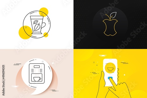 Minimal set of Organic waste, Coffee cup and Coffee maker line icons. Phone screen, Quote banners. Mint leaves icons. For web development. Leftover food, Hot drink, Tea machine. Mentha leaf. Vector