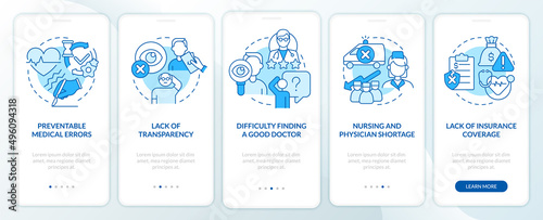Biggest problems facing healthcare blue onboarding mobile app screen. Walkthrough 5 steps graphic instructions pages with linear concepts. UI, UX, GUI template. Myriad Pro-Bold, Regular fonts used