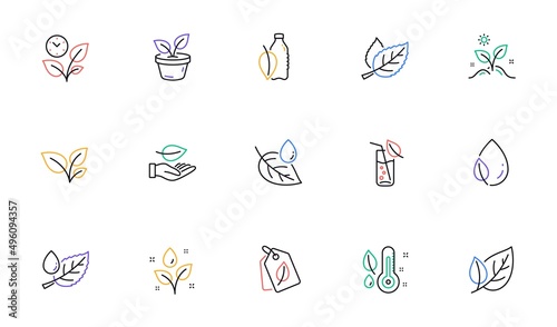 Plants line icons. Leaf, Growing plant and Humidity thermometer. Water drop linear icon set. Bicolor outline web elements. Vector