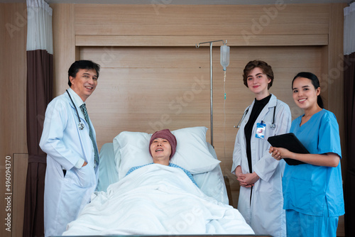 A happy medical team with Asian male and Caucasian female doctors, and Asian female nurse, standing talking relaxed to Asian male cancer patient laying on bed, then everyone turns to smile at camera.