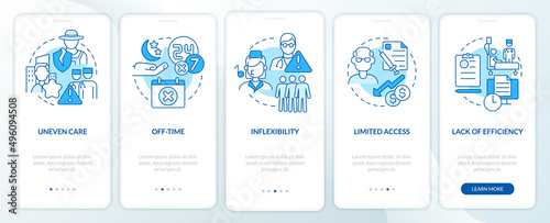 Barriers to accessing primary care blue onboarding mobile app screen. Walkthrough 5 steps graphic instructions pages with linear concepts. UI, UX, GUI template. Myriad Pro-Bold, Regular fonts used