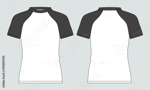 Two tone white, black color Short Sleeve raglan Slim fit T-Shirt Overall Technical flat sketch with mandarin Stand Up Collar and Zipper fashion Template front and back view.