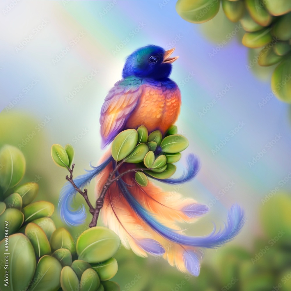 Illustration of colourful bird of happiness on a branch with a rainbow on background 