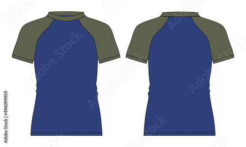 Two tone Blue, green color Short Sleeve raglan Slim fit T-Shirt Overall Technical flat sketch with mandarin Stand Up Collar and Zipper fashion Template front and back view.