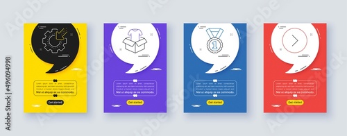 Set of Seo gear, Clothing and Best rank line icons. Poster offer frame with quote, comma. Include Forward icons. For web, application. Cogwheel, Donate shirt, Success medal. Next direction. Vector