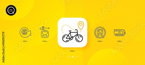 World globe, Metro subway and Bus tour minimal line icons. Yellow abstract background. Metro, Bike delivery icons. For web, application, printing. Around the world, Underground, Transport. Vector