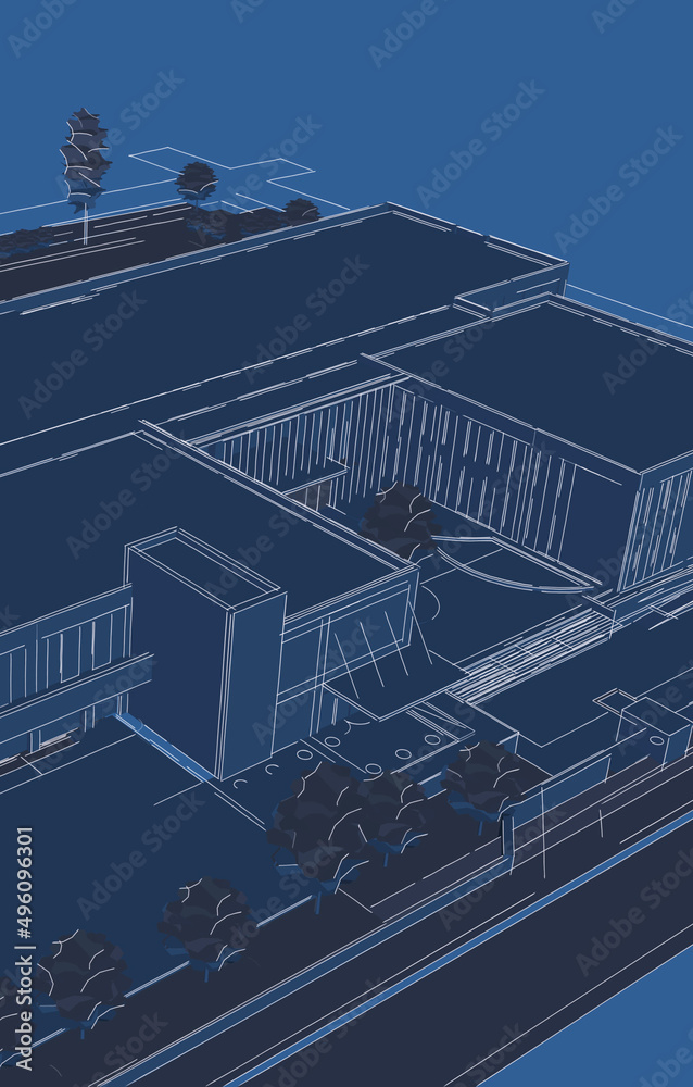 Partial 3d illustration of a school building campus. Main entrance and courtyard seen on the middle area.  Architectural abstract perspective in blueprint style.  Vertical image.