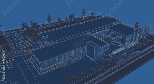  3d illustration of a two floor school building campus.  Small building with recreational and sports areas around. Architectural abstract perspective in blueprint style. 