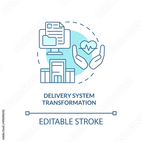 Delivery system transformation turquoise concept icon. Healthcare problem abstract idea thin line illustration. Isolated outline drawing. Editable stroke. Arial, Myriad Pro-Bold fonts used