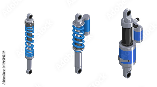 Shock absorber for the car. Racing shock absorber in isometrics. 3d icon of a shock absorber. Set of shock absorber cliparts on white background. Shock absorbers of different modifications. Vector  photo