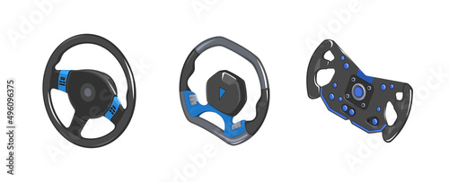 Auto steering wheel in isometry. Set of different auto steering wheels. Racing steering wheels in isometrics. 3d vector steering wheels in cartoon style. Game icons auto steering wheels. Illustration 