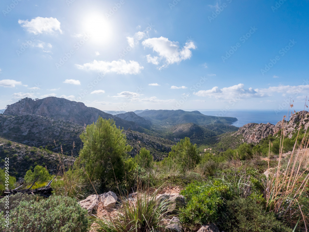 The Serra de Tramuntana mountain landscape with hiking trail going to the sea on Mallorca, Balearic Islands, Spain, Europe