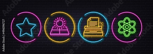 Sun energy, Star and Typewriter minimal line icons. Neon laser 3d lights. Chemistry atom icons. For web, application, printing. Solar panels, Best rank, Writer machine. Laboratory molecule. Vector