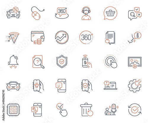 Technology icons set. Included icon as Search document, Cpu processor and Audit web elements. Approved shield, Approved, 360 degree icons. Recovery trash, Phone payment, Wallet web signs. Vector