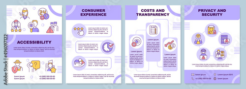 Healthcare quality factors purple brochure template. Accessibility. Leaflet design with linear icons. 4 vector layouts for presentation, annual reports. Arial-Black, Myriad Pro-Regular fonts used