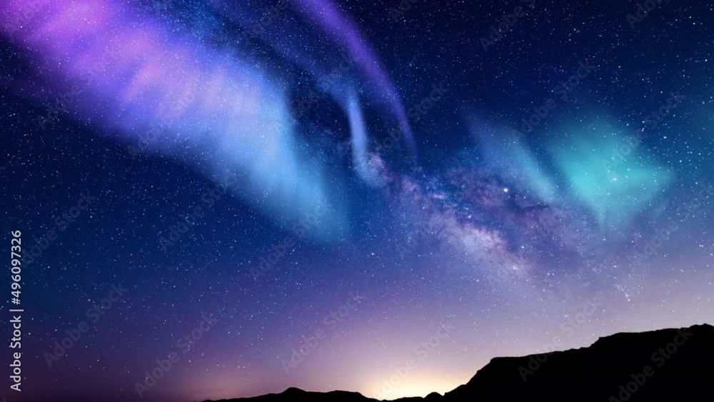 Aurora Purple Green and Milky Way Galaxy  Sunrise Time Lapse Southeast Sky and  Hills