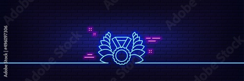Neon light glow effect. Laurel wreath line icon. Winner medal symbol. Prize award sign. 3d line neon glow icon. Brick wall banner. Laureate medal outline. Vector