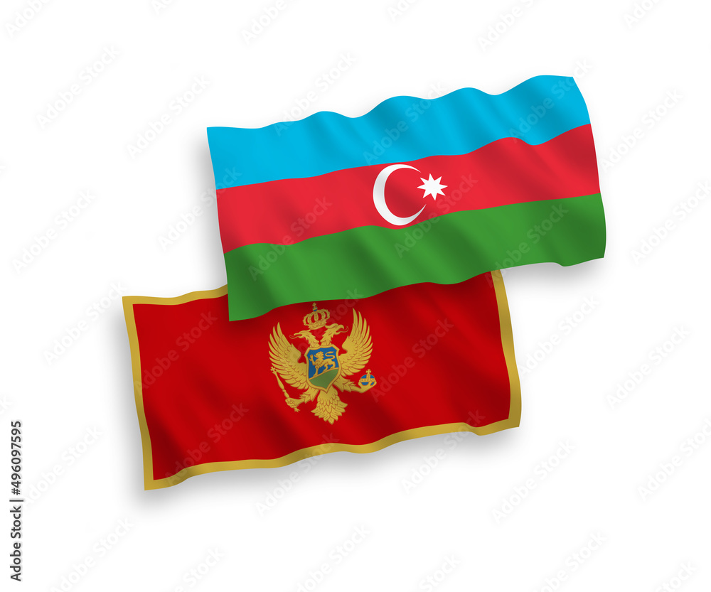 National vector fabric wave flags of Montenegro and Azerbaijan isolated on white background. 1 to 2 proportion.