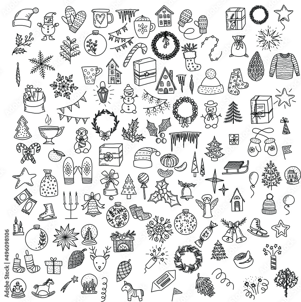 Winter season themed doodle set - snowflakes, icicles, Christmas trees, balls, snowmen, gifts, wreaths, houses, mittens, hats. Freehand vector drawings isolated over white background