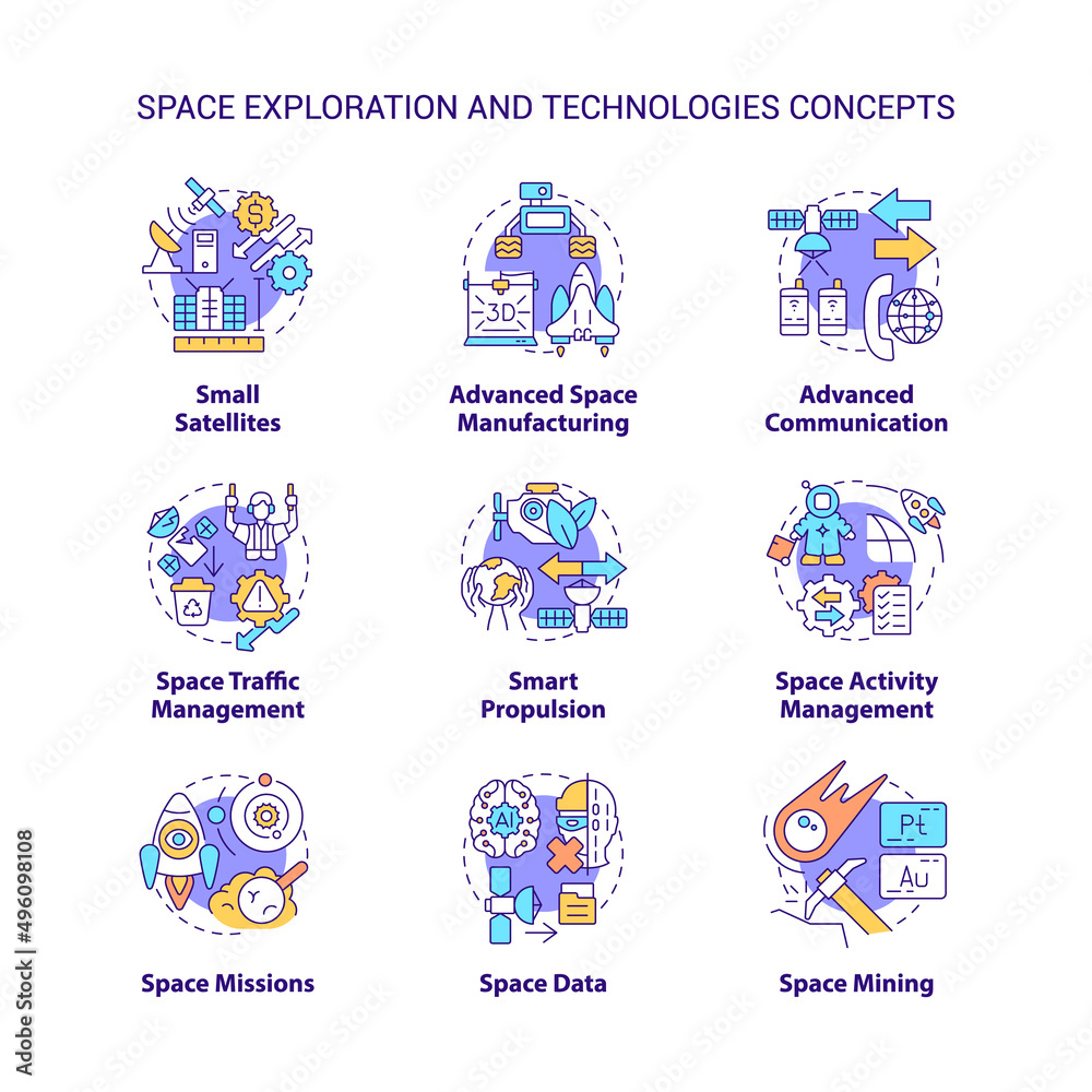 Space exploration and technology concept icons set. Science and industry idea thin line color illustrations. Isolated symbols. Editable stroke. Roboto-Medium, Myriad Pro-Bold fonts used