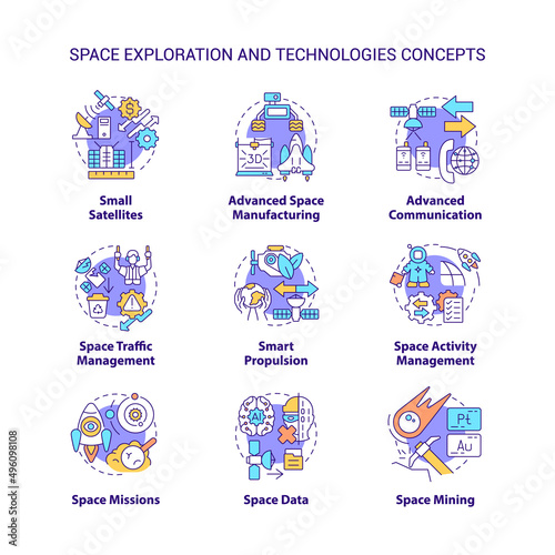 Space exploration and technology concept icons set. Science and industry idea thin line color illustrations. Isolated symbols. Editable stroke. Roboto-Medium, Myriad Pro-Bold fonts used