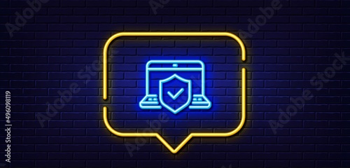 Neon light speech bubble. Laptop insurance hand line icon. Risk coverage sign. Notebook protection symbol. Neon light background. Laptop insurance glow line. Brick wall banner. Vector