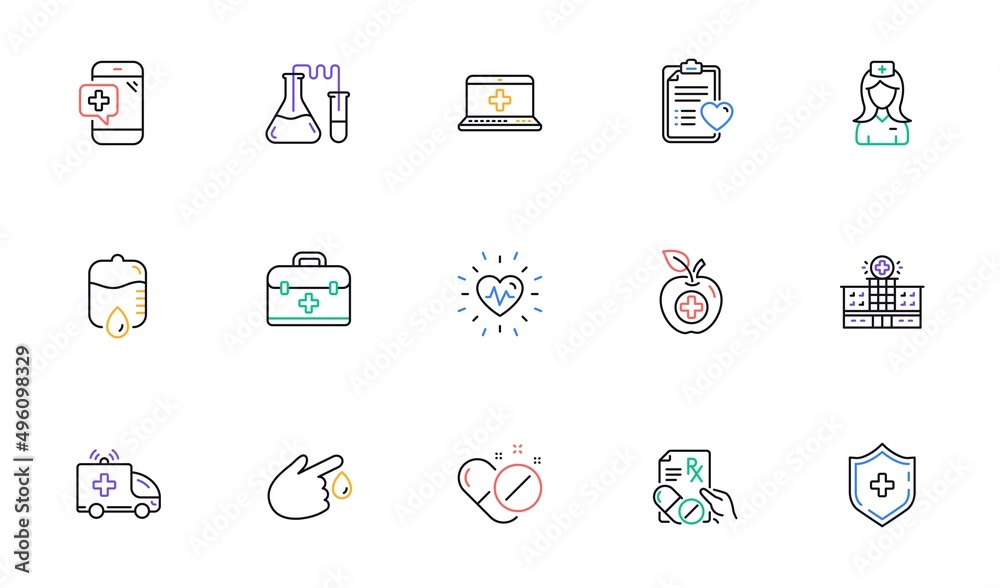 Medical line icons. Hospital assistance, Health food diet and Laboratory. Chemistry linear icon set. Bicolor outline web elements. Vector