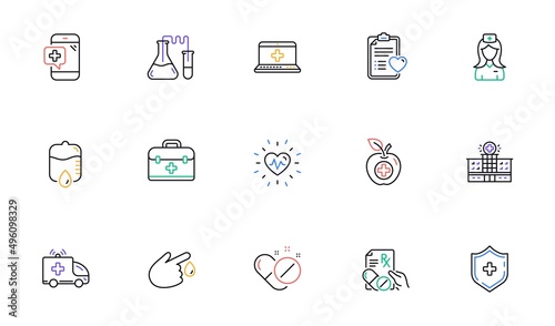 Medical line icons. Hospital assistance, Health food diet and Laboratory. Chemistry linear icon set. Bicolor outline web elements. Vector