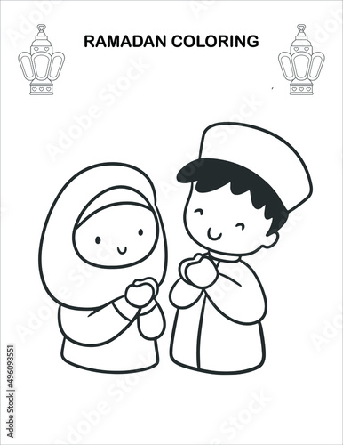 Muslim cute cartoon characters Ramadan Children Coloring book pages , Islamic month ramadan worksheet ,Sketch outline black and white pages . Kids education. Vector illustration 