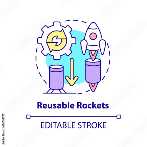 Reusable rockets concept icon. Spacecraft improvement. Space technology abstract idea thin line illustration. Isolated outline drawing. Editable stroke. Arial, Myriad Pro-Bold fonts used