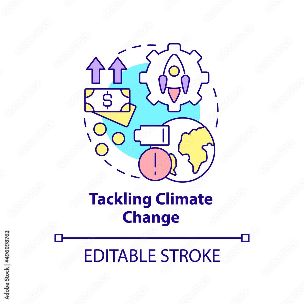 Naklejka premium Tackling climate change concept icon. Ecological initiatives. Space technology abstract idea thin line illustration. Isolated outline drawing. Editable stroke. Arial, Myriad Pro-Bold fonts used