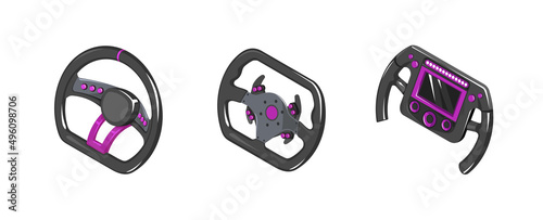 Auto steering wheel in isometry. Set of different auto steering wheels. Racing steering wheels in isometrics. 3d vector steering wheels in cartoon style. Game icons auto steering wheels. Illustration 