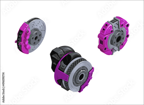 Clipart of brake disks. Set of brakes in isometrics. Game style of different brakes. Detail of the wheel hub. Sports brakes of different colors. Brake discs. Vector illustration EPS 10