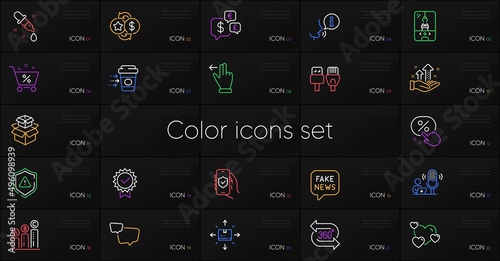 Set of Security app, Computer cables and Loyalty points line icons. Include Shield, 360 degree, Cardboard box icons. Certificate, Discount button, Analysis graph web elements. Vector