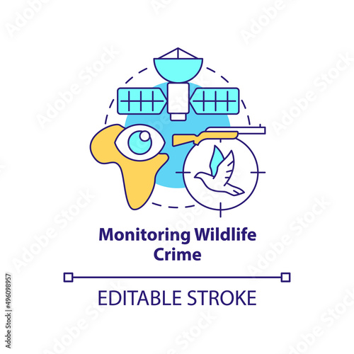 Monitoring wildlife crime concept icon. Space technology and climate change abstract idea thin line illustration. Isolated outline drawing. Editable stroke. Arial, Myriad Pro-Bold fonts used