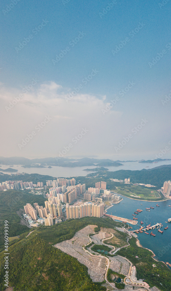 Epic Aerial view of public graveyard area in Junk Bay and Yau Tong East of Hong Kong
