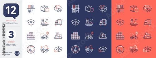 Set of Search flight, Wholesale inventory and Packing boxes line icons. Include Bike delivery, Parking place, Wholesale goods icons. Delivery insurance, Connecting flight. Bicolor outline icon. Vector
