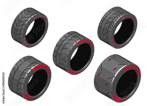Auto tire in isometry. Set of car tires with different treads. Different 3d auto tire. Auto tire icons on white background. Tire clipart with different tread pattern. EPS 10 vector illustration