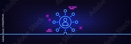 Neon light glow effect. Business networking line icon. Teamwork or Human resources sign. 3d line neon glow icon. Brick wall banner. Networking outline. Vector