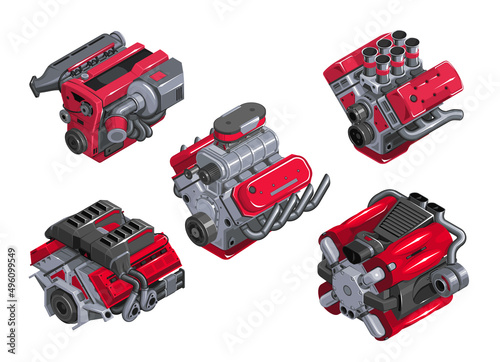 Car engine in isometry. Set of engines of different levels on white background. Detailed 3d engine in cartoon style. Tuned engine. EPS 10 vector illustration