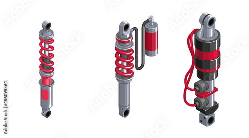 Shock absorber for the car. Racing shock absorber in isometrics. 3d icon of a shock absorber. Set of shock absorber cliparts on white background. Shock absorbers of different modifications. Vector 