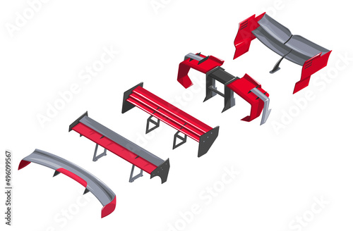 Spoiler for the car. Set of sports spoilers for racing car. Spoiler in isometrics of different modifications. 3d icon of cartoon style spoilers. Clipart of different spoilers. Racing inventory game