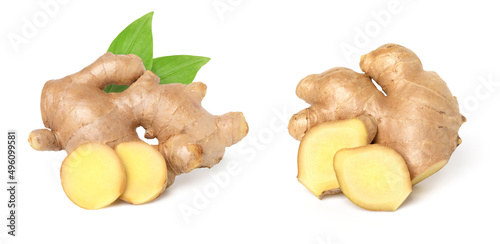 Fotografie, Obraz Close up, Fresh ginger root with slice and green leaves isolated on white backgr