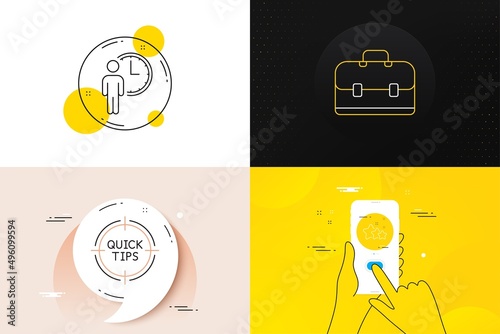 Minimal set of Waiting, Portfolio and Tips line icons. Phone screen, Quote banners. Stars icons. For web development. Service time, Business case, Quick tricks. Ranking stars. Vector